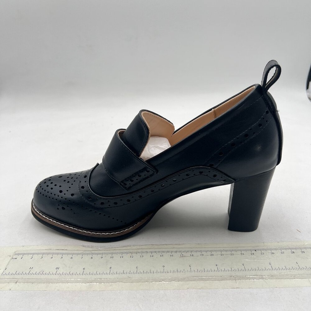 YDN Black Chunky High Heels Round Toe Oxford Loafer - Picture 2 of 8